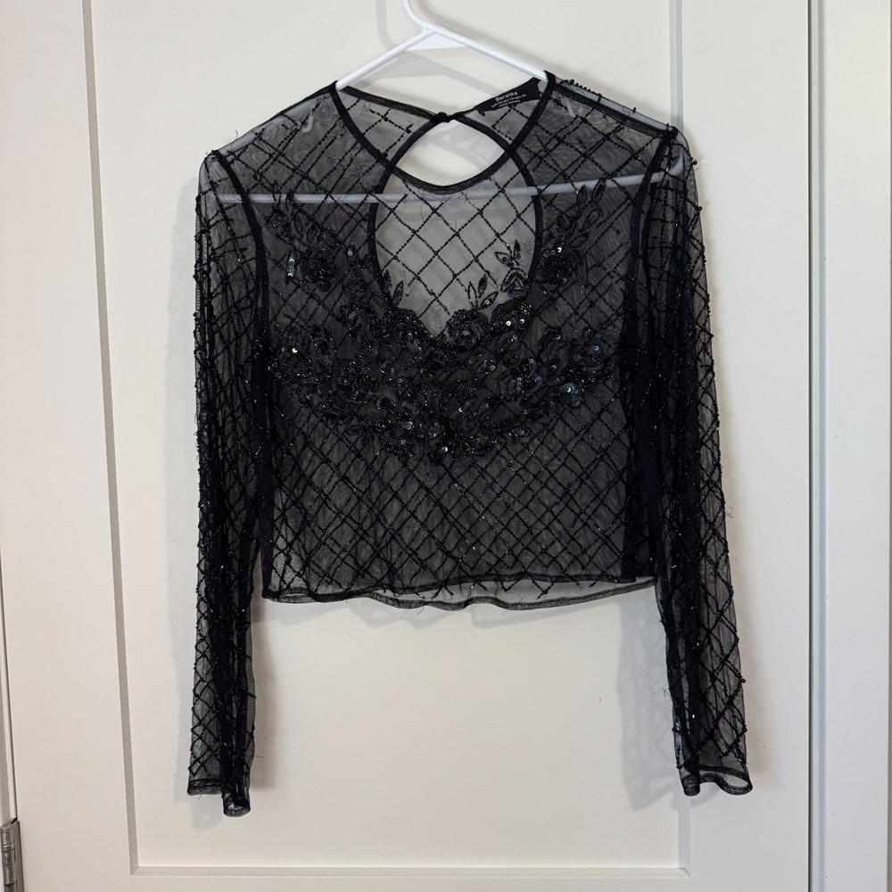 Bershka Womens Black Beaded Mesh Sheer Crop Top Long Sleeve‎ Keyhole Back XS